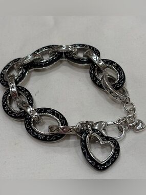 Brighton Silver-Tone Bracelet with Black Enamel Heart Charm